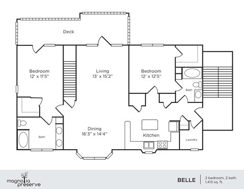 Floor plan for 2 beds, 2 baths, 1413 sqft